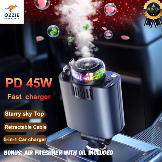 5-in-1 PD 45W Car Charger | Fast USB-C Power Adapter with Starlight Roof Projector & Aromatherapy Air Freshener for iPhone & Android