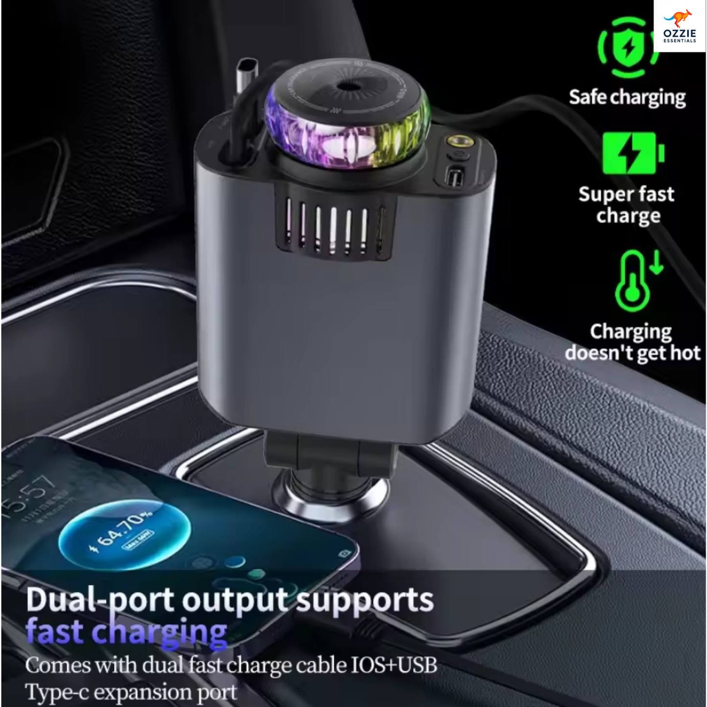 5-in-1 PD 45W Car Charger | Fast USB-C Power Adapter with Starlight Roof Projector & Aromatherapy Air Freshener for iPhone & Android