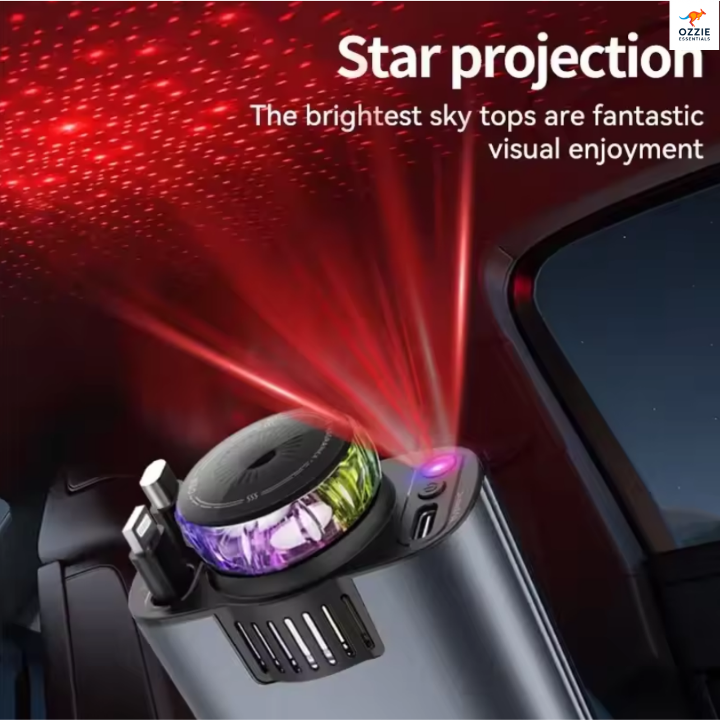 5-in-1 PD 45W Car Charger | Fast USB-C Power Adapter with Starlight Roof Projector & Aromatherapy Air Freshener for iPhone & Android