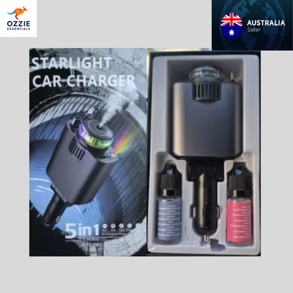 5-in-1 PD 45W Car Charger | Fast USB-C Power Adapter with Starlight Roof Projector & Aromatherapy Air Freshener for iPhone & Android